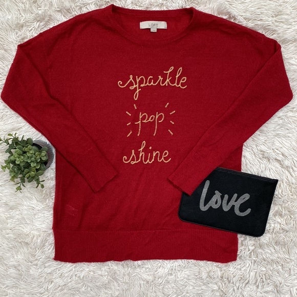 Loft Sparkle Pop Shine Embroidered Sweater 💗 Red & Gold - Picture 2 of 16